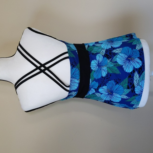 Tropical Escape Floral Strappy Padded Tankini Swim Top 10 Blue Green - Picture 9 of 14